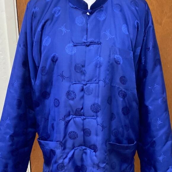 Vintage Blue Kimono Brocade Oriental Puffer Coat Smoking Jacket XL Chinese - Picture 2 of 15